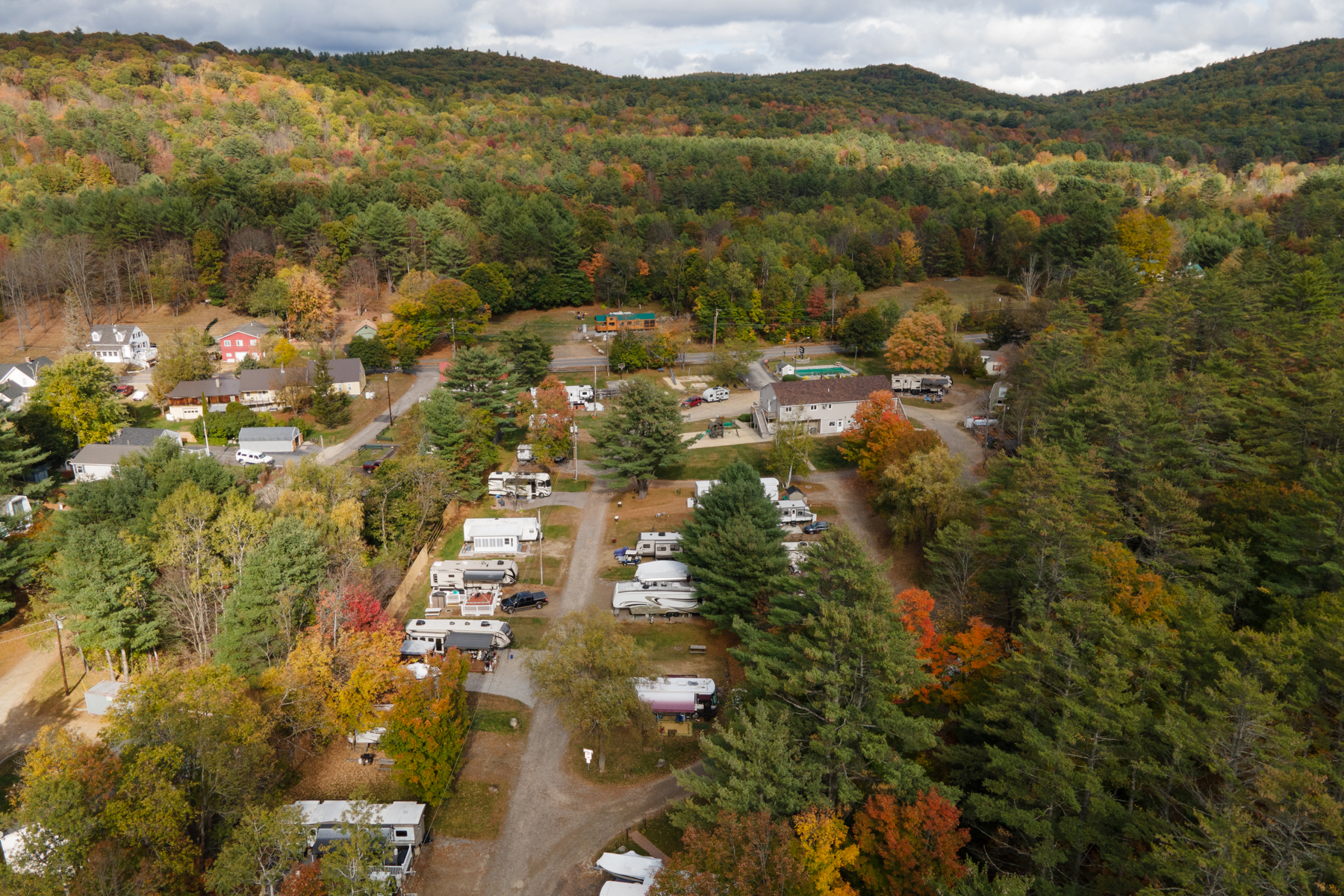 Aerial view of RV sites at Ames Brook Campground in Ashland, NH