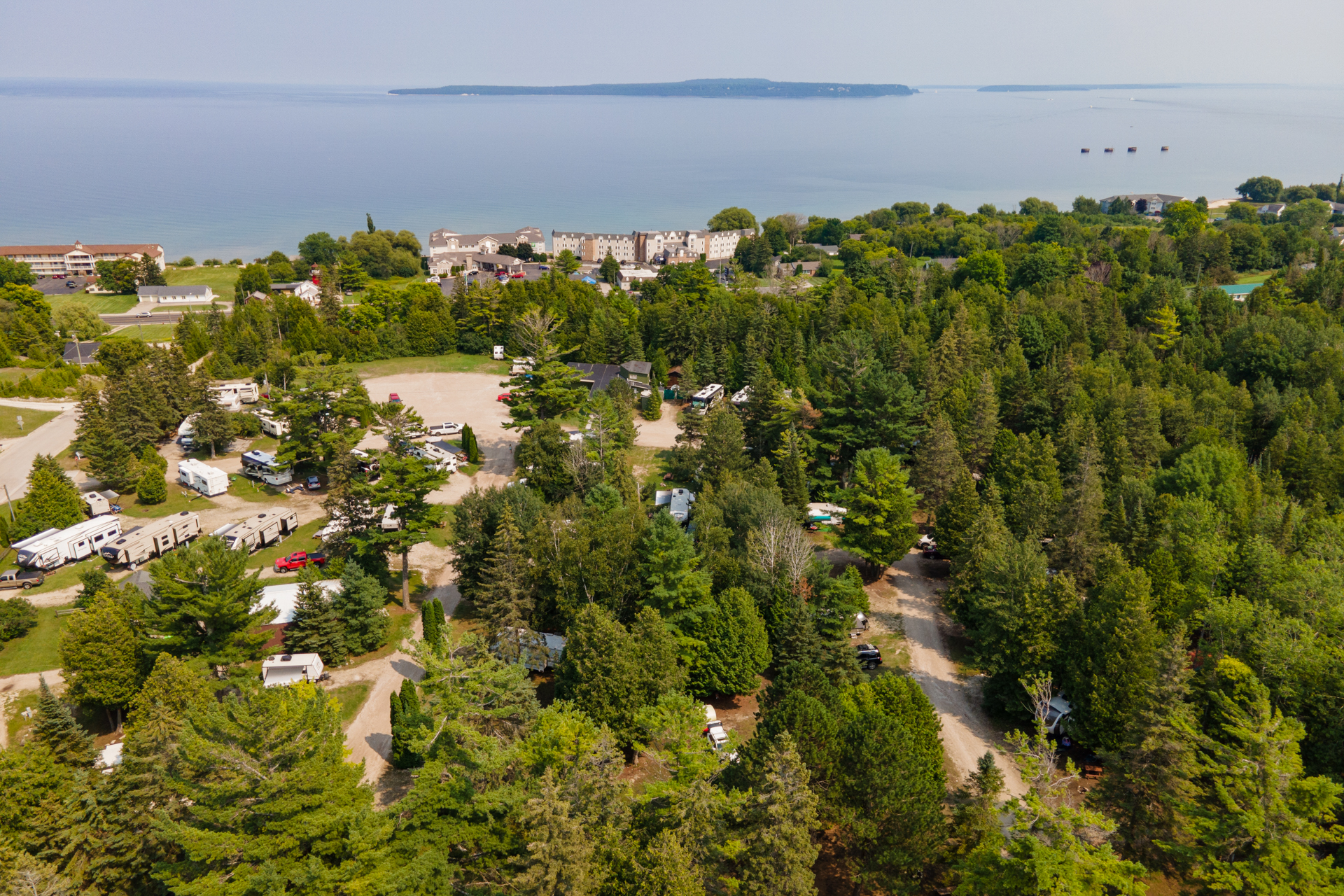 Aerial view of Tiki RV Park Campground in St. Ignace, MI